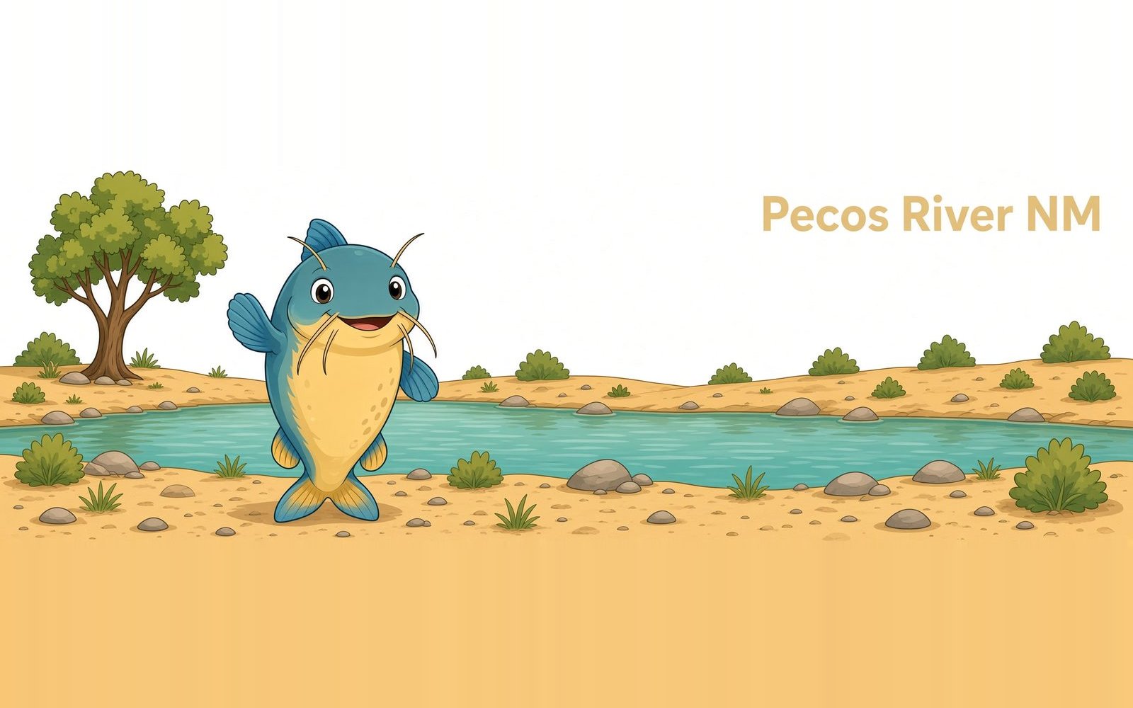 Pecos River NM art, a teal and gold catfish on the riverbank beside the Pecos River NM wordmark