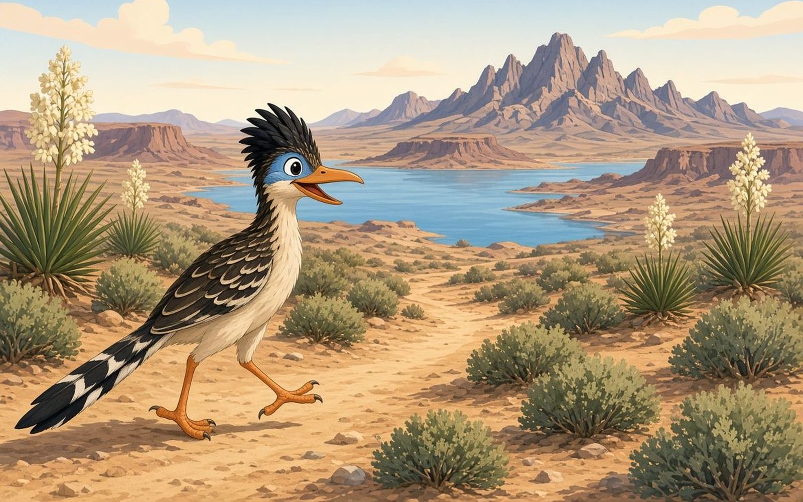Sierra Jornada art, a roadrunner on the shore of a desert lake under the Sierra Jornada wordmark