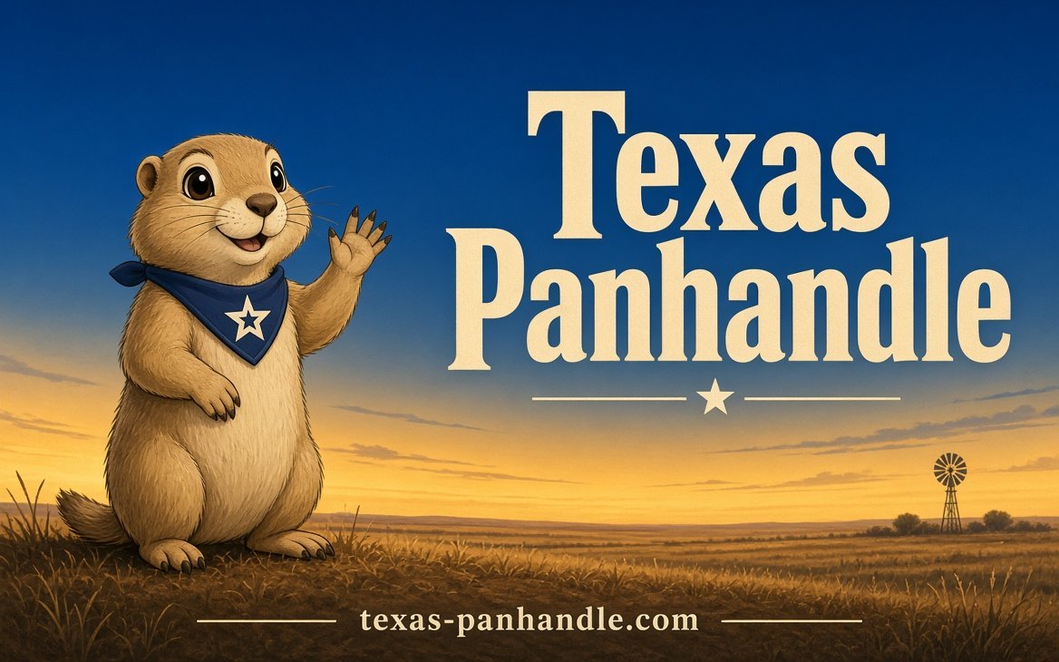 Texas Panhandle logo, a waving prairie dog in a star bandana beside the cream wordmark at sunset