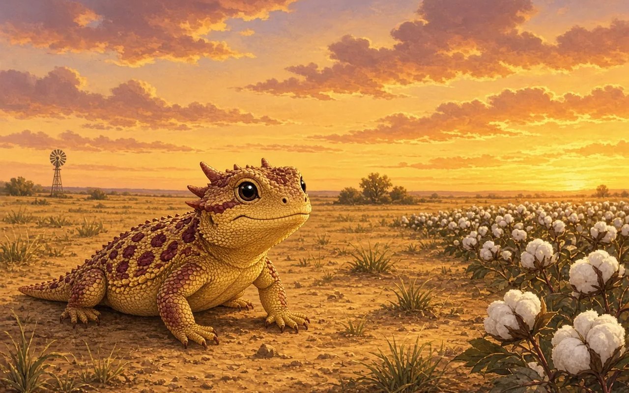 Texas horned lizard on the prairie at sunset